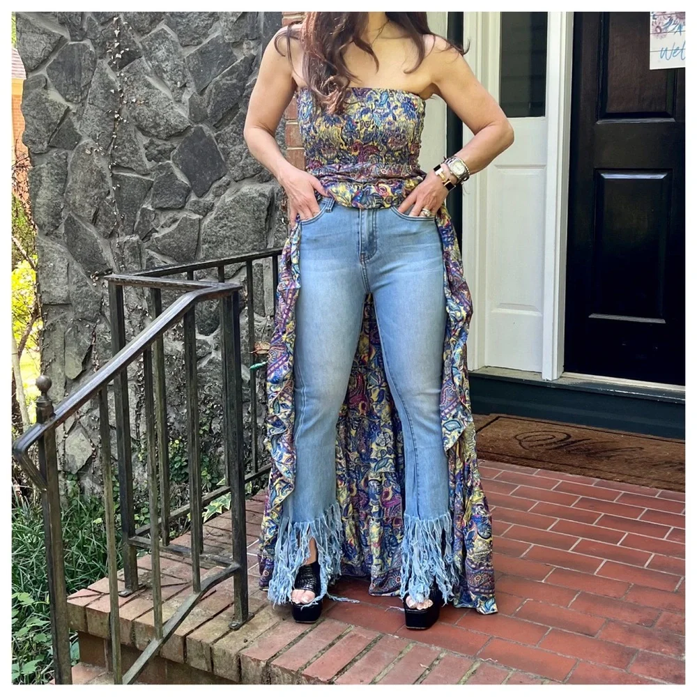 25 BOHO HIGH WAIST BELL BOTTOM WITH FRINGED HEM - Picture 3 of 3